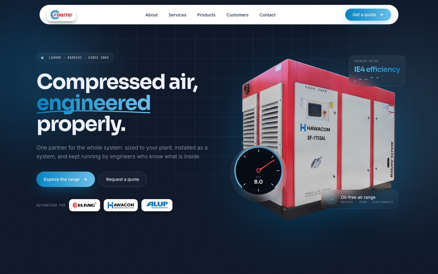 Shaffaf website home page showing an industrial air compressor
